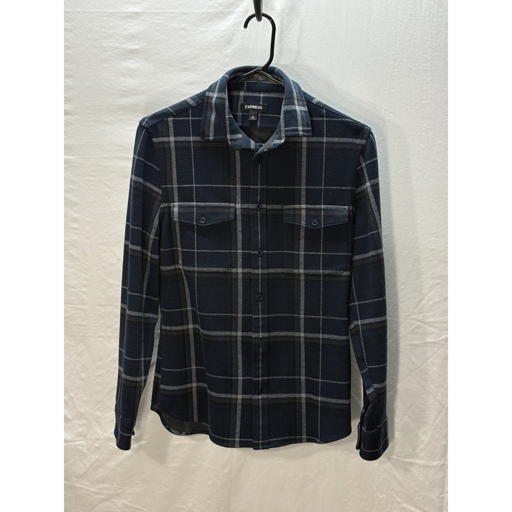 Express Plaid Button Up Shirt Flannel Gray/Navy Long Sleeve Women XS